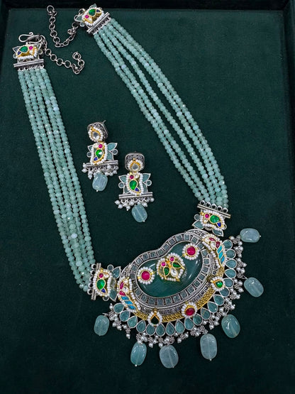Neelambari Premium SLA Dual Tone Stone Necklace Set with Kundan Fusion & Earrings | Heritage Wedding Jewellery