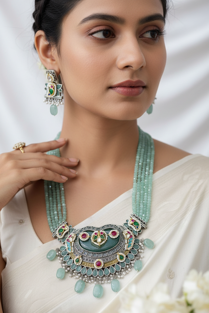 Neelambari Premium SLA Dual Tone Stone Necklace Set with Kundan Fusion & Earrings | Heritage Wedding Jewellery