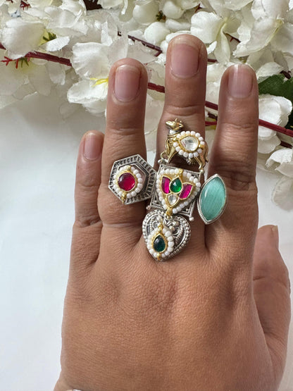 Sacred Nandi Kundan Statement Ring | Temple-Inspired Fusion Jewelry