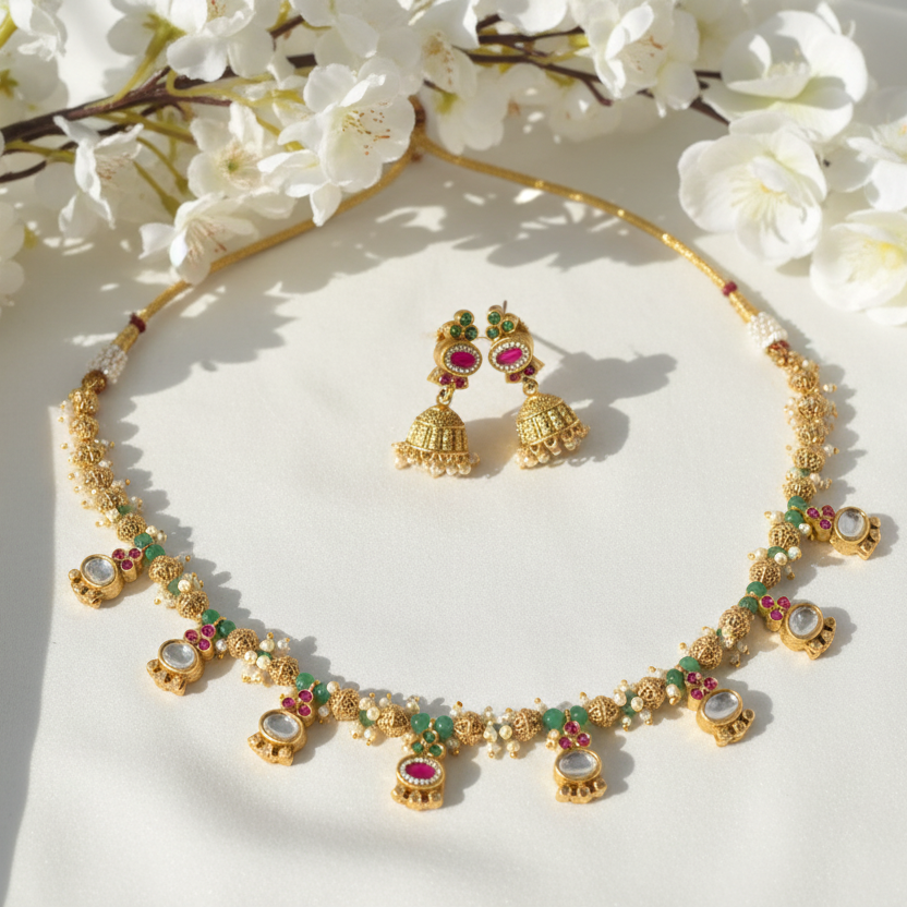 Royal Jadtar Kundan Necklace Set with Green Beads & Pink Stone Drops | Traditional Gold Bridal Jewellery – Alankrent - Alankrent Luxe