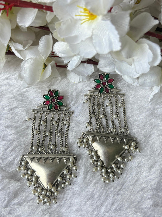 Silver Look Alike Long Tribal Earrings With Pearl Fringe Brass Base Oxidised Finish Alankrent Ak Lte - Alankrent Luxe