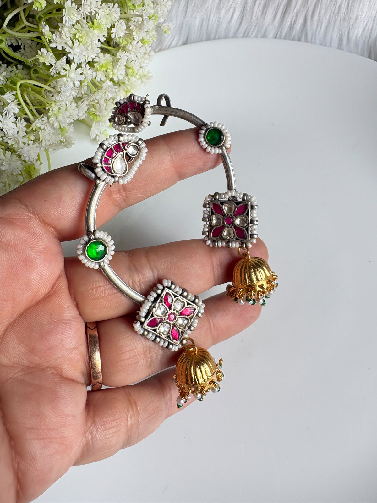 Rajyalakshmi Kundan Fusion SLA Ear Cuffs with Golden Jhumka | Indian Statement Jewellery