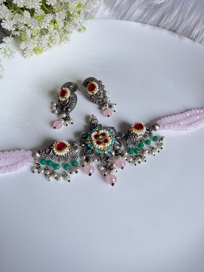 Manjari Kundan Crystal Necklace Set with Earrings | Minimal Indian Ethnic Jewellery