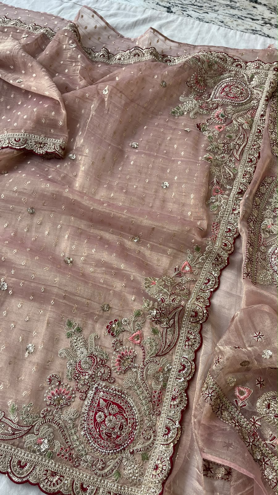 Gulnaar Royale Blush Pink Tissue Banarasi Saree with Pearl, Dori & Sequins Embroidery