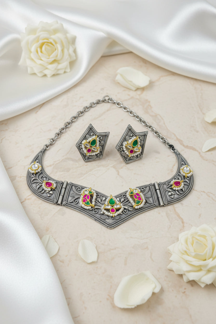 Peacock Pachi Kundan Fusion Heritage Choker Necklace Set with Earrings | German Silver Designer Choker