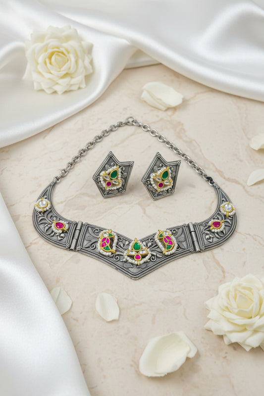 Peacock Pachi Kundan Fusion Heritage Choker Necklace Set with Earrings | German Silver Designer Choker
