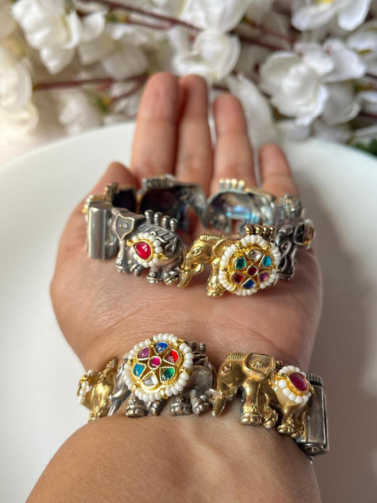 Gajratna Heritage Kundan Fusion Dual Tone Premium SLA Elephant Openable Kada – Brass Designer Bangle for Women | 2.6 Size