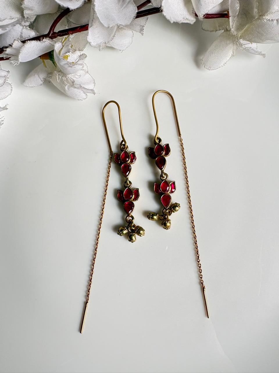 Pushparaga Apala Polish Kundan Sui Dhaga Earrings – Lotus Drop Threader Earrings with Ghungroo for Women