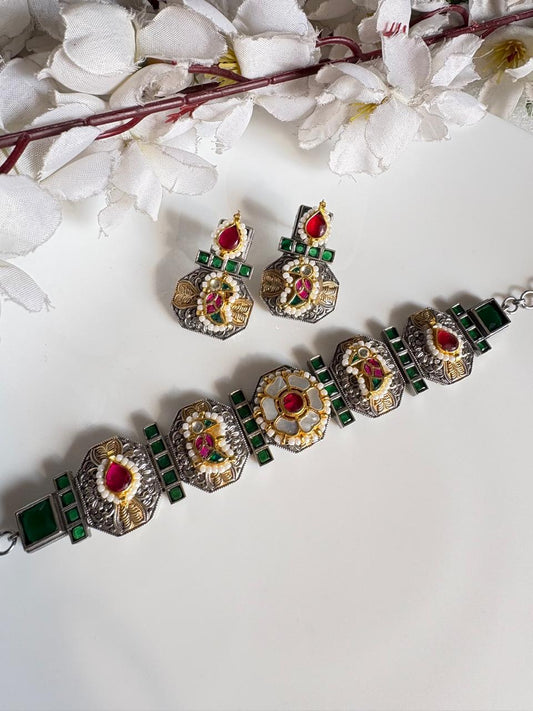 Mop Kundan Dual Tone Choker Necklace Set With Earrings Sla Finish Budget Jewellery Ready Stock Alankrent Ak Mc by Alankrent