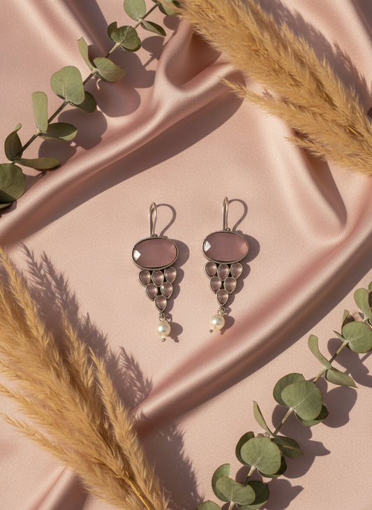 German Silver Pink Stone Drop Earrings