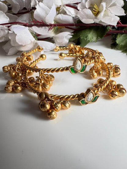 Kamalika Kundan Fusion Ghungroo Bangles | Golden Flexible Adjustable Bangles for Women