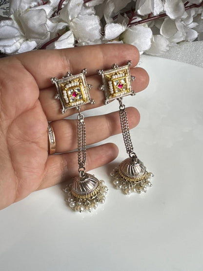 Mrinalini Dual Tone Fusion Pachi Kundan Chain Jhumka Earrings | Premium Brass SLA Earrings | Antique Indian Jewellery | Alankrent Luxe