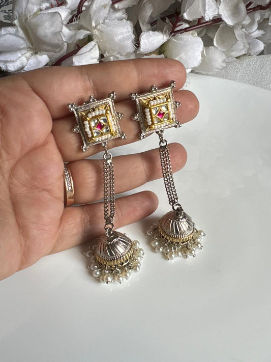 Mrinalini Dual Tone Fusion Pachi Kundan Chain Jhumka Earrings | Premium Brass SLA Earrings | Antique Indian Jewellery | Alankrent Luxe