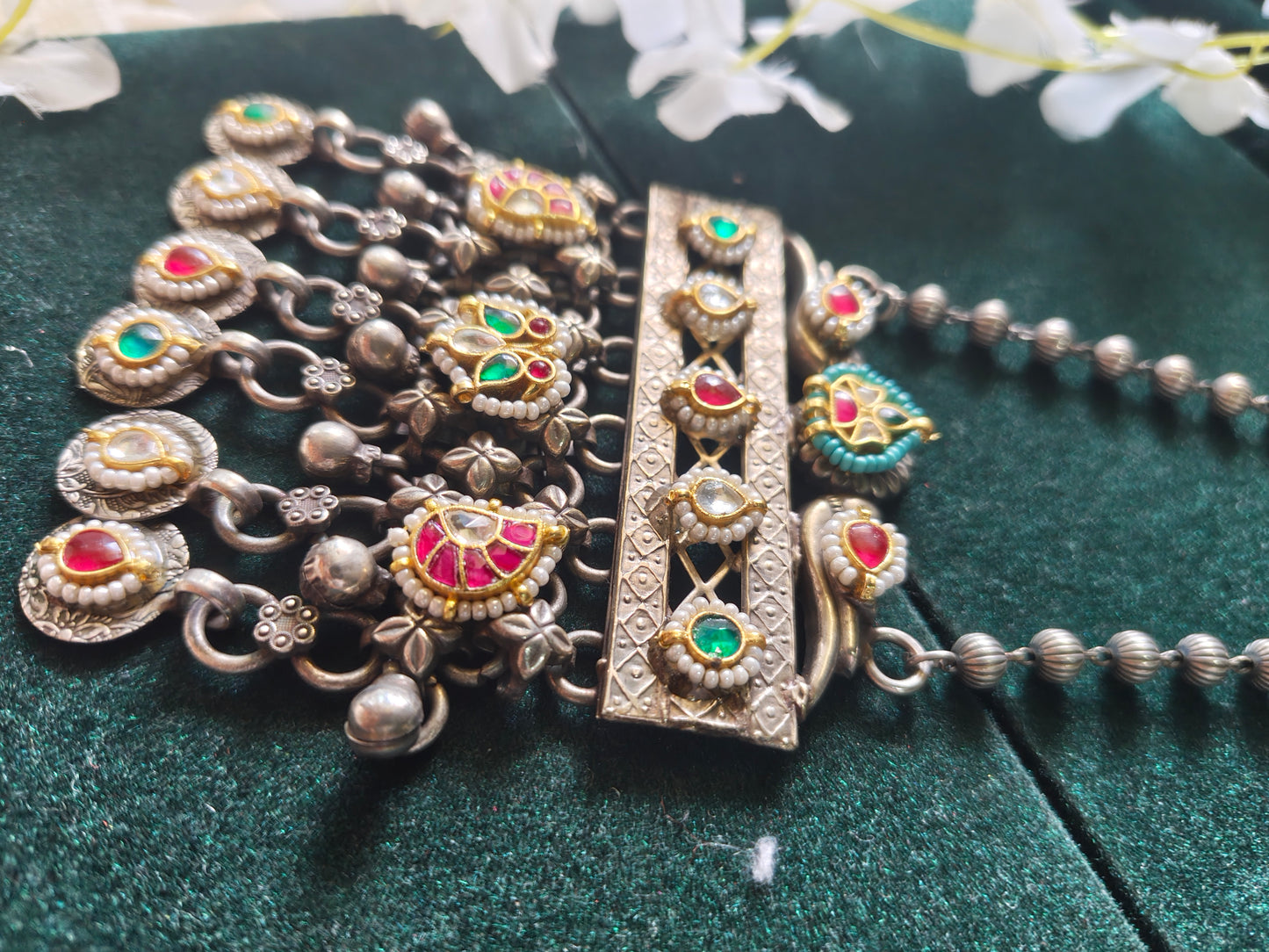 Mayurika Dual Tone Kundan Long Pendant Necklace | SLA Silver Look-Alike Statement Necklace