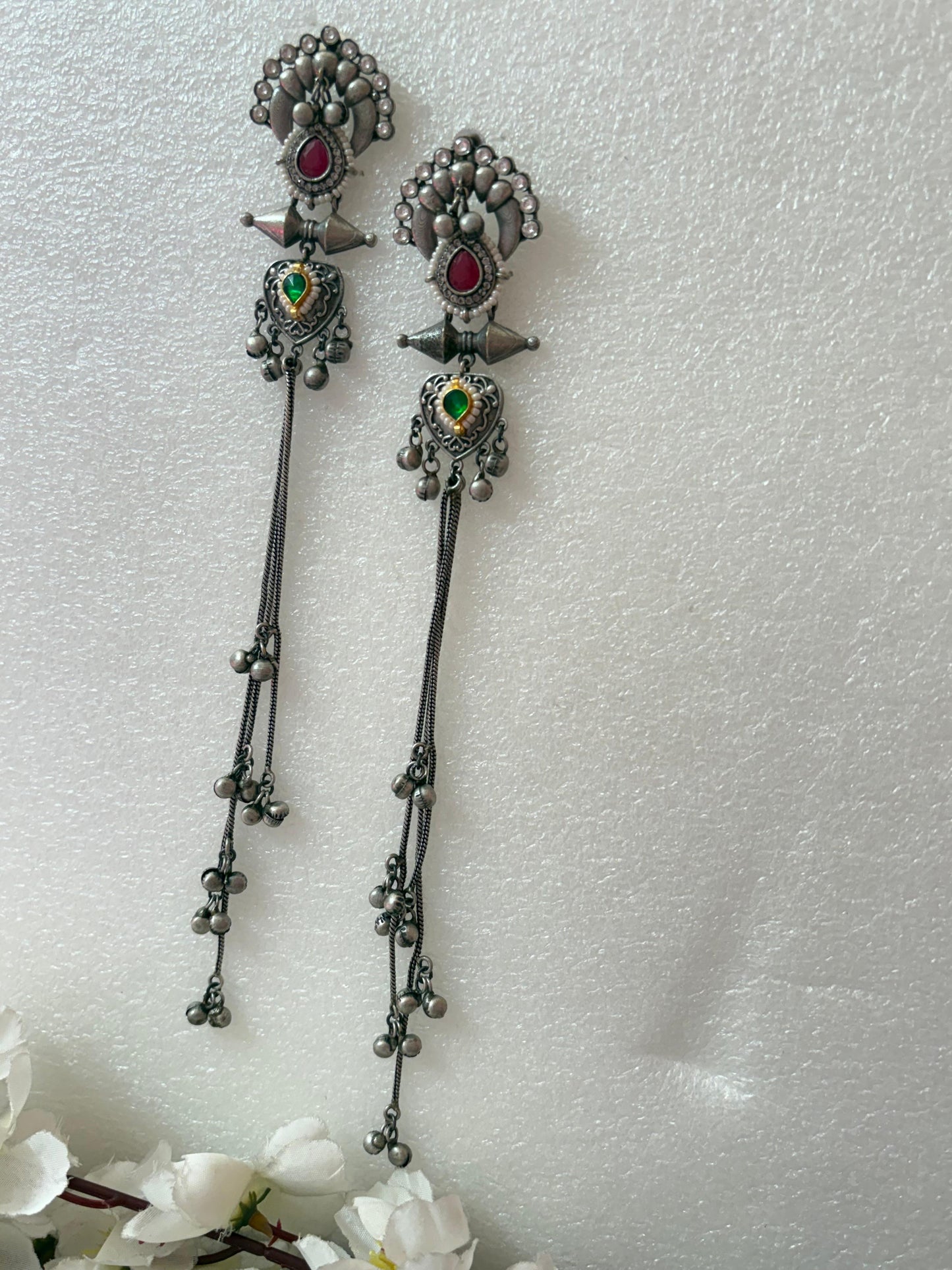 Tribal Long Chain Earrings with Coloured Stones | Festive Latkan Jewellery
