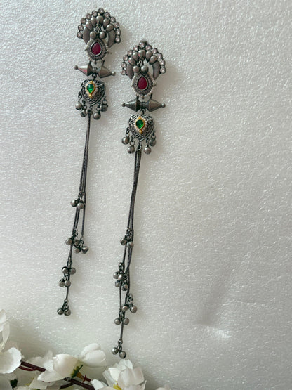 Tribal Long Chain Earrings with Coloured Stones | Festive Latkan Jewellery