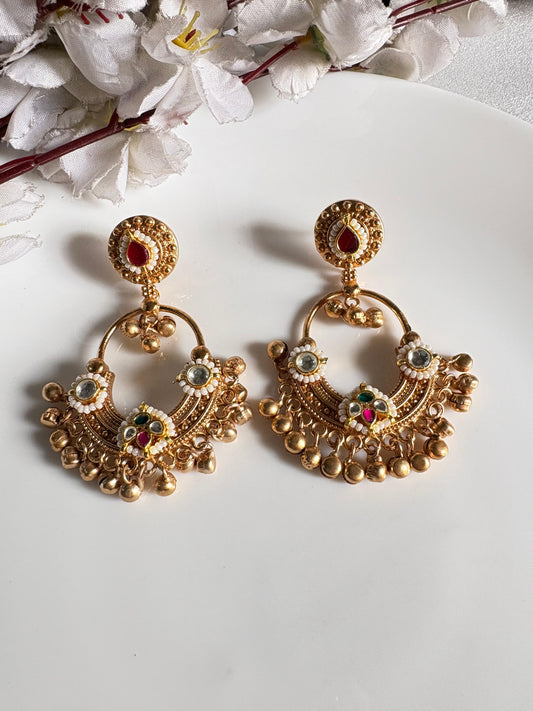 Gold Matt Kundan Chandbali Earrings with Pearl & Stone Detailing | Festive Statement Jewellery