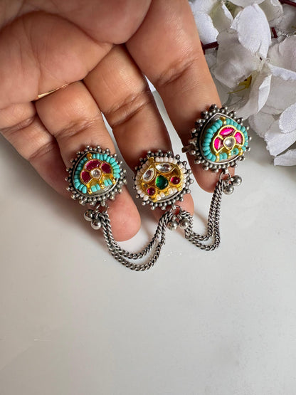 Triveni Kundan Triple Finger Ring | Adjustable Heritage Fusion Statement Ring