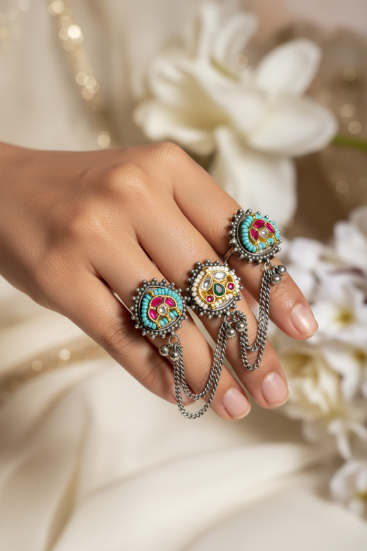 Triveni Kundan Triple Finger Ring | Adjustable Heritage Fusion Statement Ring