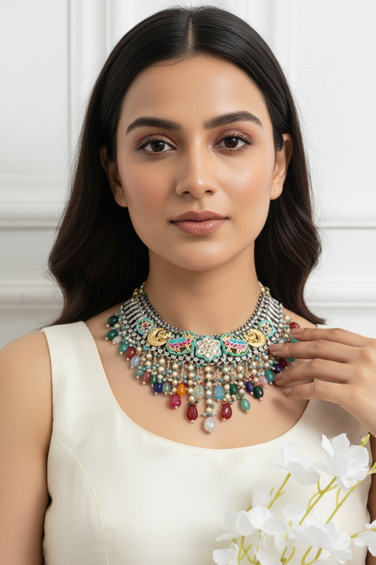 RangNoor Cascade Pacchi Kundan Choker | Premium Multicolor Statement Necklace | Festive Jewellery