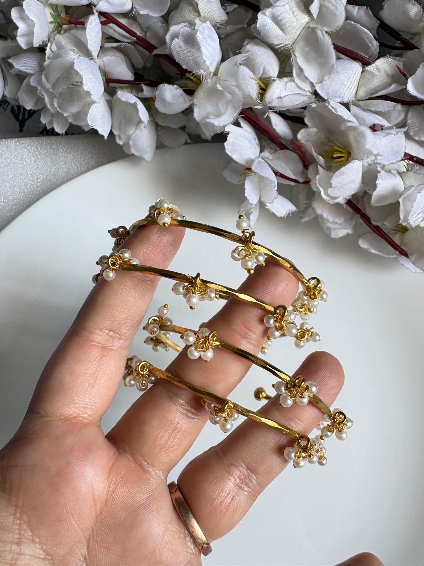 Pearl Blossom Golden Bangles Set | Adjustable Pearl Charm Bangles for Women (Set of 4)