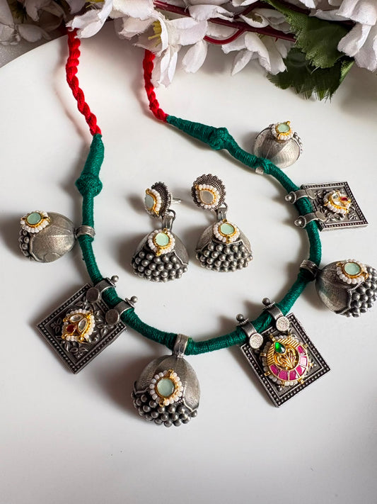 Vaerika Kundan Fusion Thread SLA Necklace Set with Earrings | Premium Brass Jewellery | Alankrent Luxe