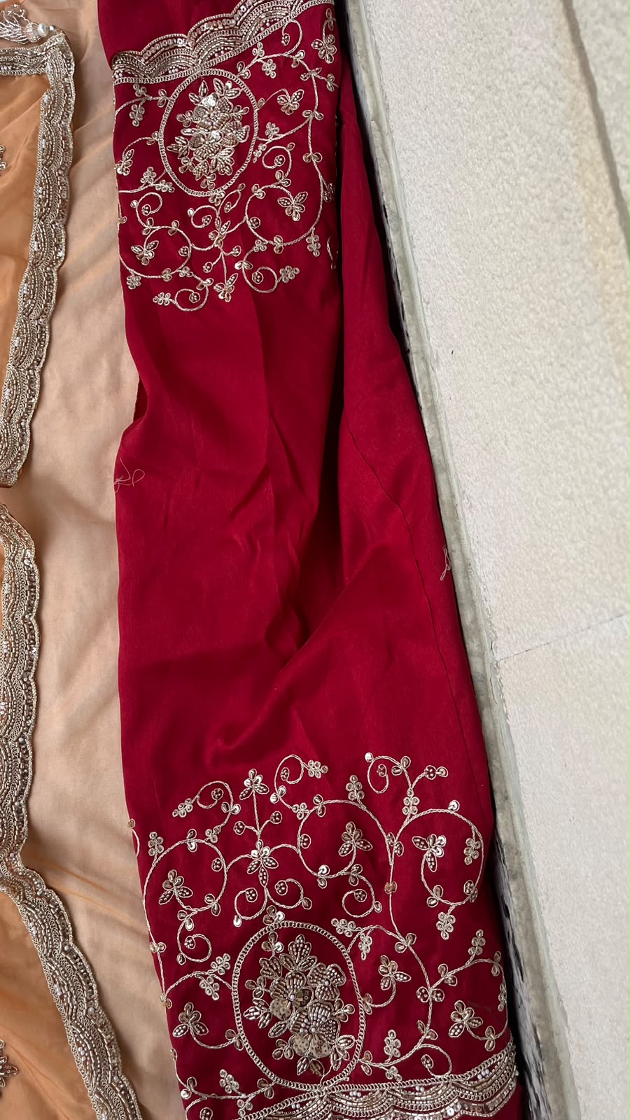 Aarohi Sunehri Tissue Saree | Peach Orange Tissue Saree with Pearl, Sequins & Coding Work and Contrast Silk Blouse
