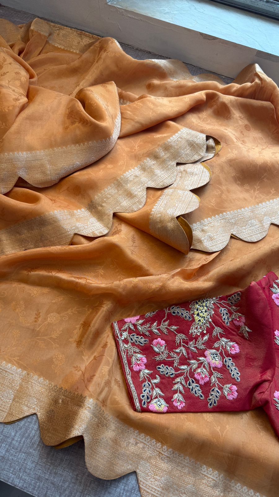 Pure Cosmo Munga Silk Saree with Zardozi & Pearl Work | Luxury Ethnic Wear