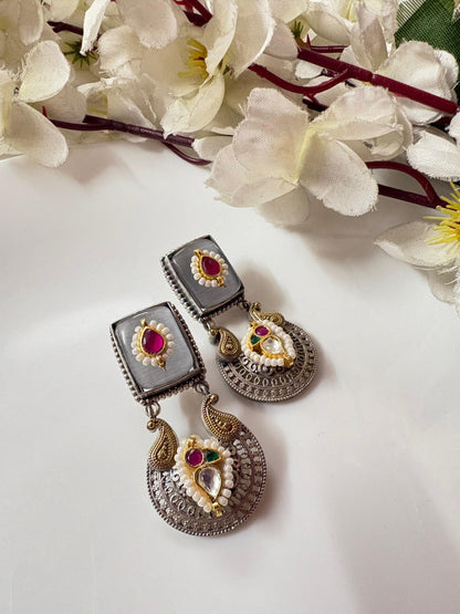 Dual Tone Kundan Drop Earrings | Silver Look Alike Polish | Handcrafted Brass Base with Pearl Detailing – Available in Green, White & Pink