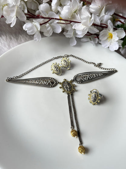 Devyani Noor Dual Tone SLA Choker Set with Earrings and Ring Online