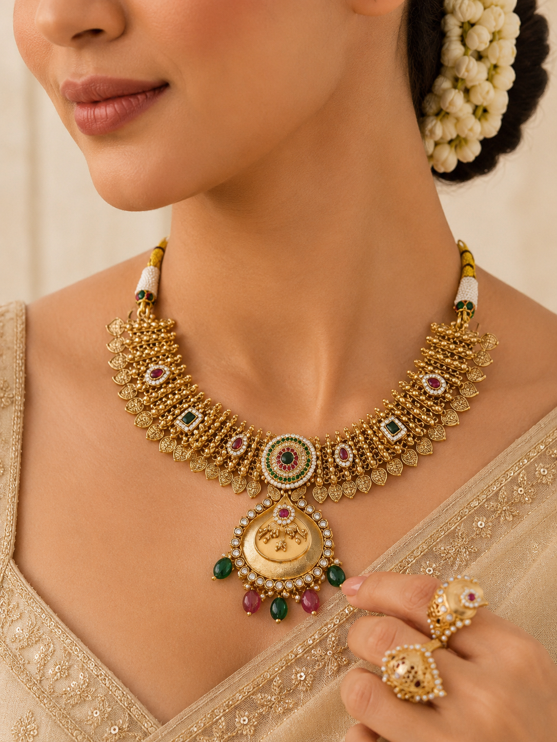 Rajvanshi Gold Lookalike Jadtar Kundan Necklace Set with Meenakari Pendant & Jhumka Earrings | Bridal Jewellery