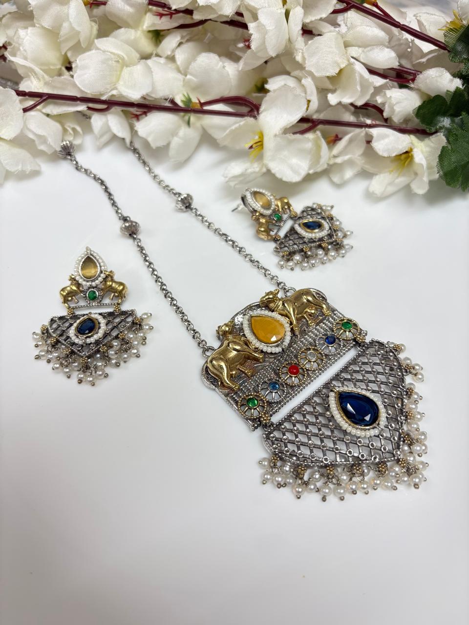 Heritage Dual-Tone Temple Necklace Set with Emerald & Ruby Accents | Alankrent