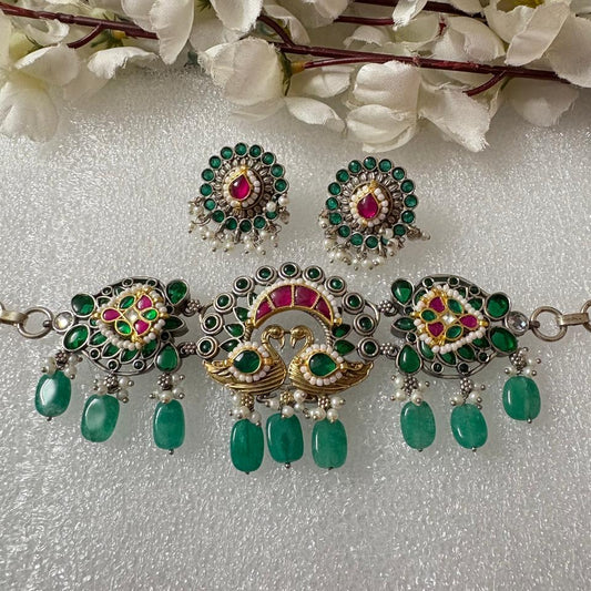 Peacock Motif Oxidized Silver Choker Necklace Set With Green Stones Earrings by Alankrent