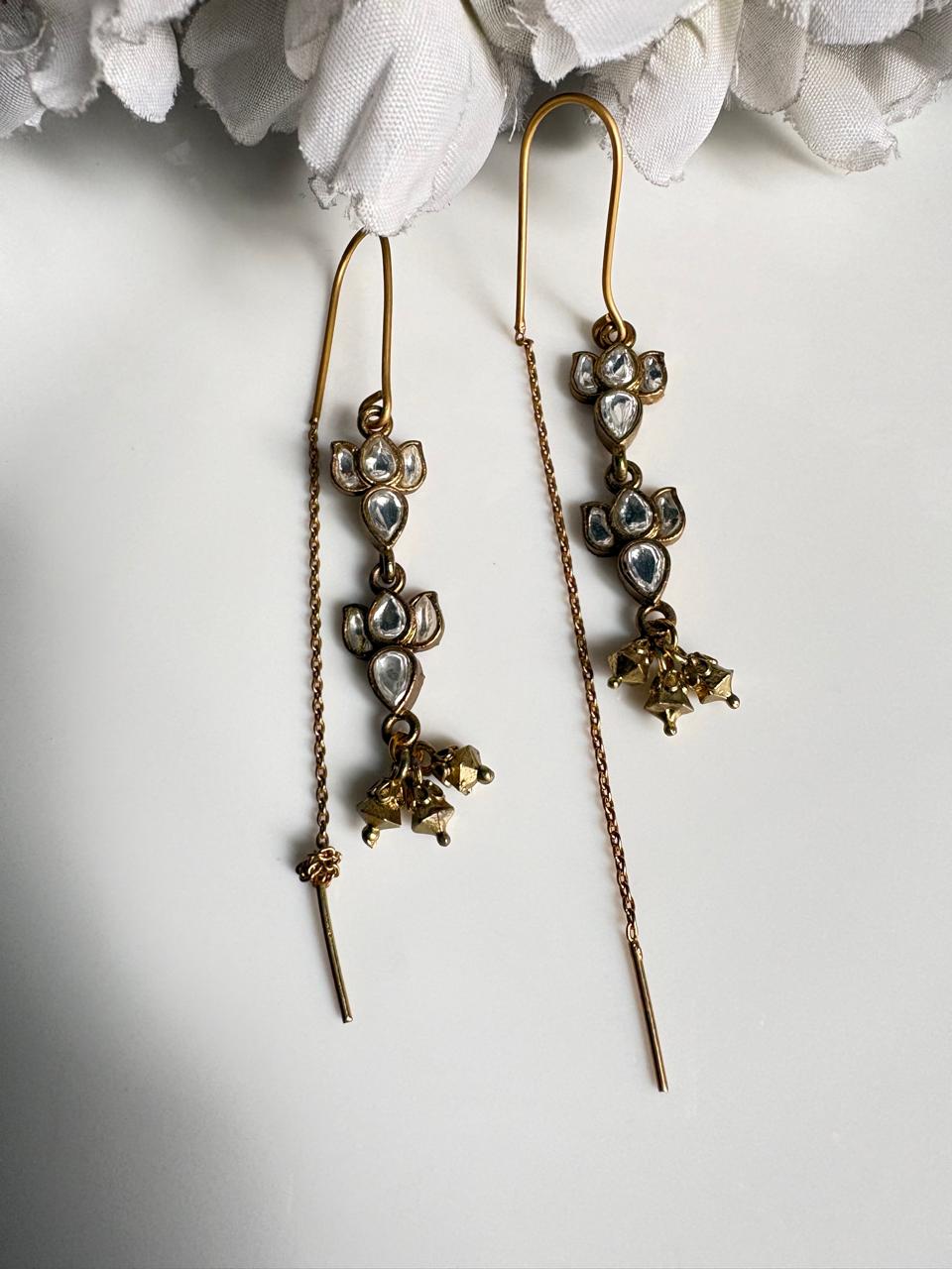 Pushparaga Apala Polish Kundan Sui Dhaga Earrings – Lotus Drop Threader Earrings with Ghungroo for Women