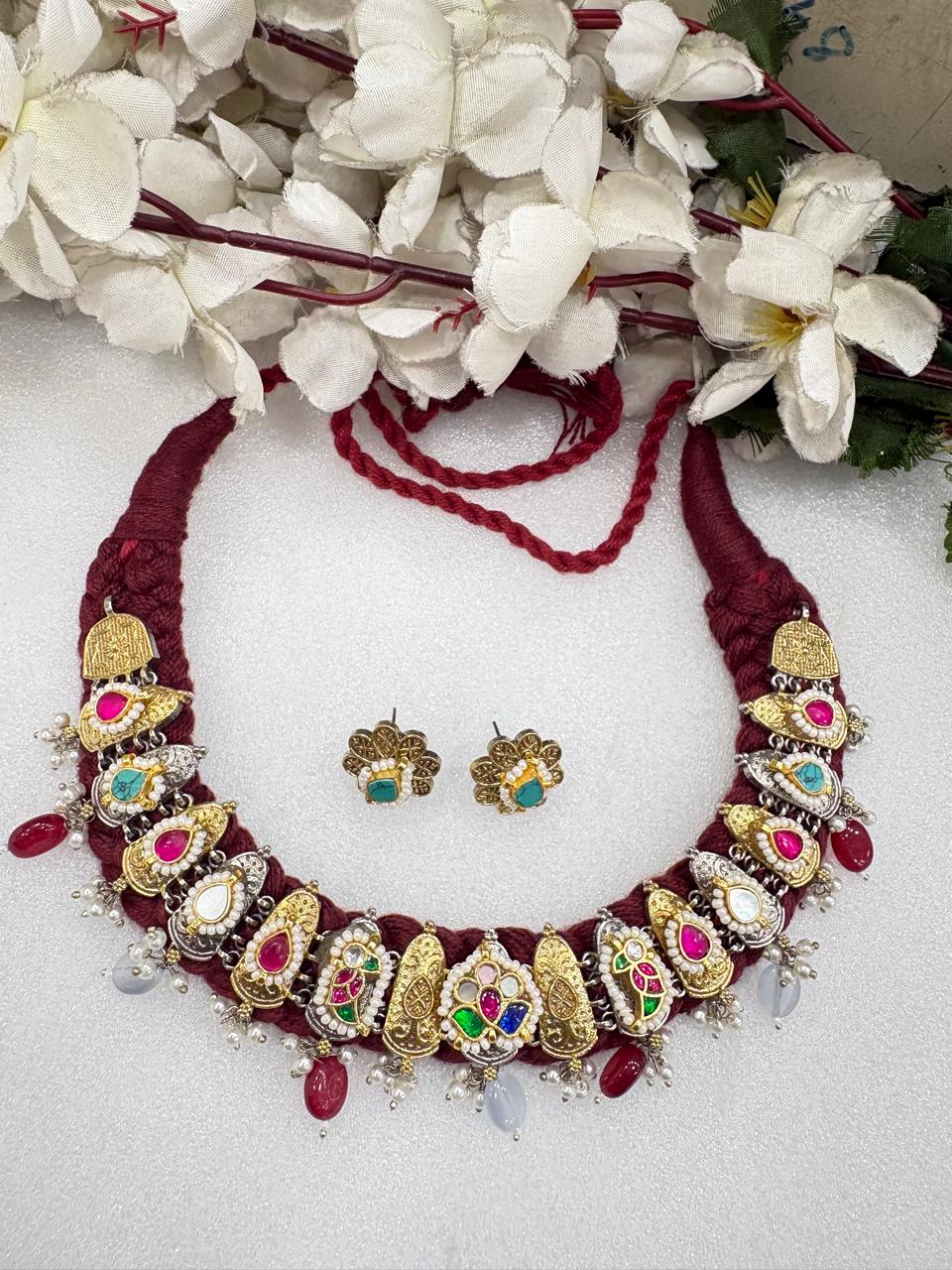 Rangashree Kundan Fusion Thread SLA Necklace Set with Earrings | Budget Heritage Jewellery for Women