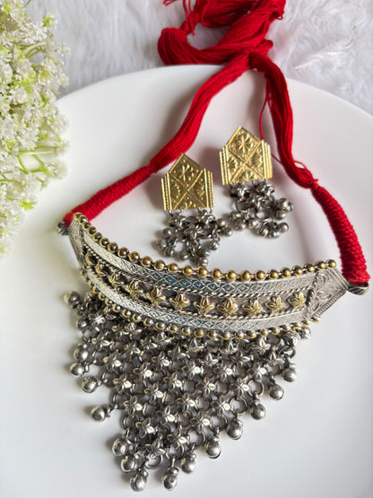 Vasudha Premium Dualtone Handmade SLA Thread Hasli with Statement Earrings