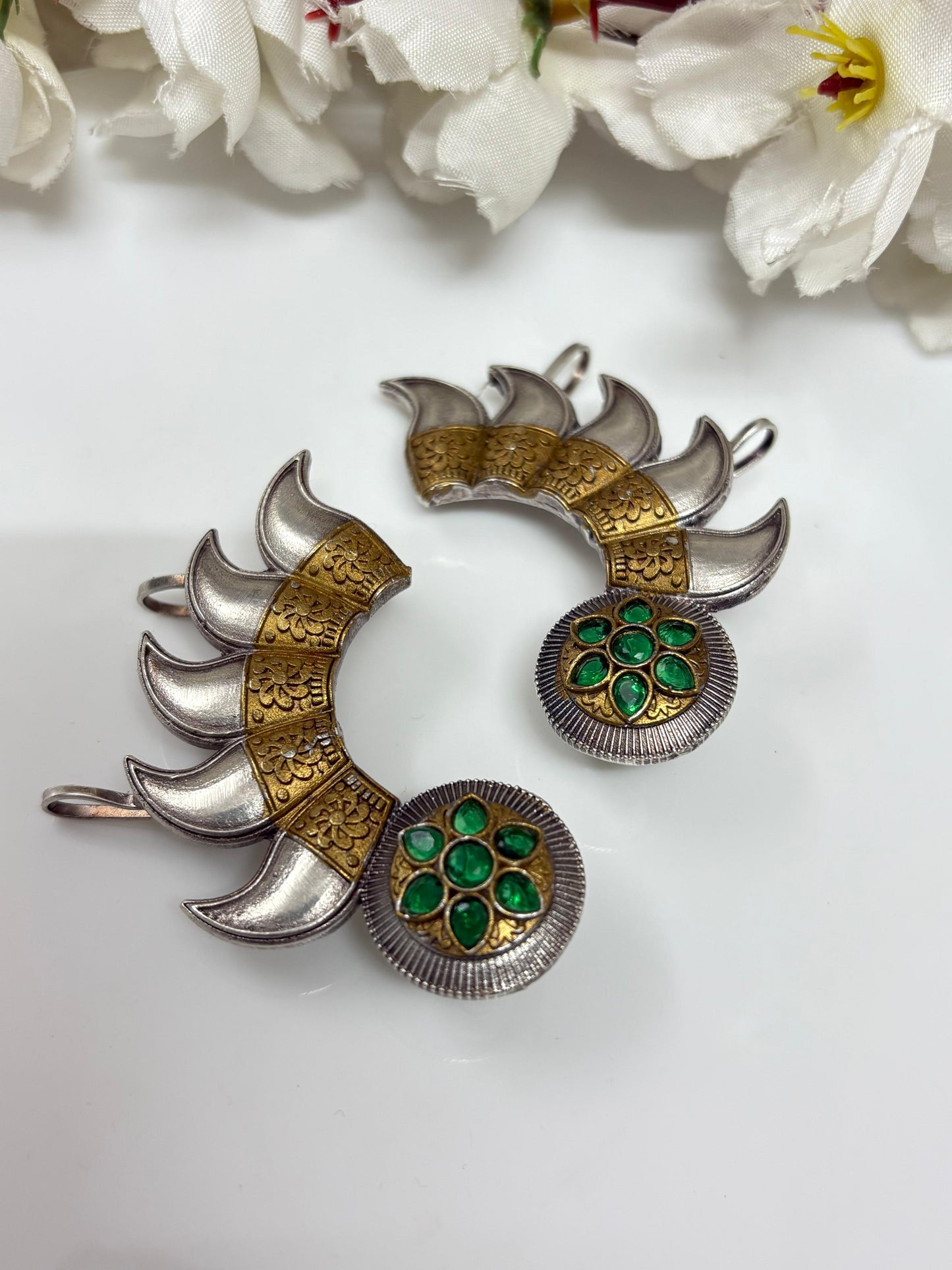 Dual Tone Kundan Ear Cuff Earrings | Silver Look Alike Polish | Antique Brass Base with Green Stone Detailing – Statement Heritage Design