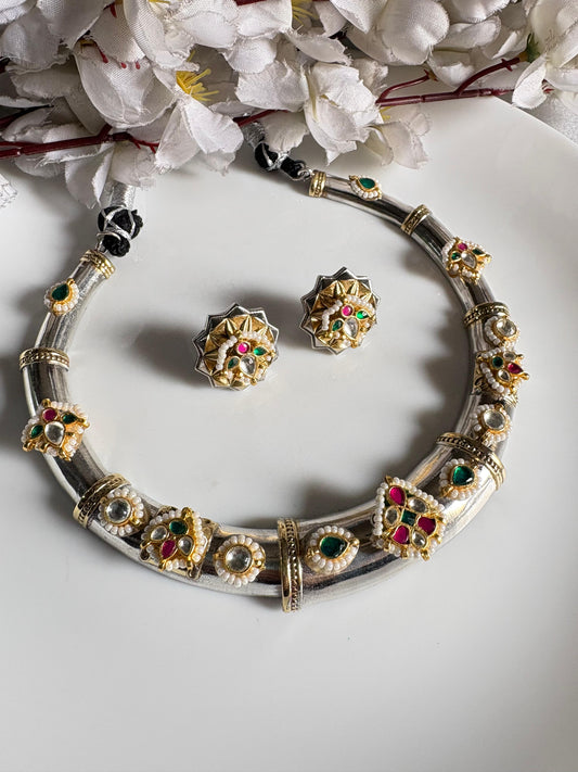 Silver Look Alike Kundan Hasli Necklace Set with Matching Earrings | Brass Base Traditional Statement Jewellery – Limited Edition | Alankrent