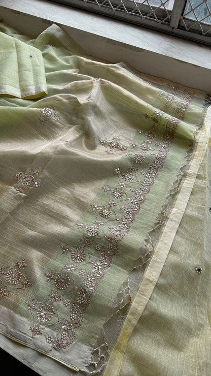 Premium Tissue Silk Banarasi Saree | Handcrafted Zardozi, Gota Patti & Pearl Work