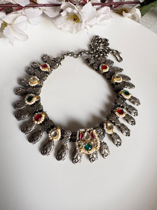 Kolhapuri Kundan Necklace | Oxidised Silver Look Budget Jewellery  Kundan Fusion | Alankrent | AK-20260111-KB04 by Alankrent