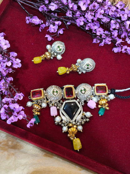 Rajlaxmi Multicolour Fusion Statement Choker Necklace with Pearl Drops