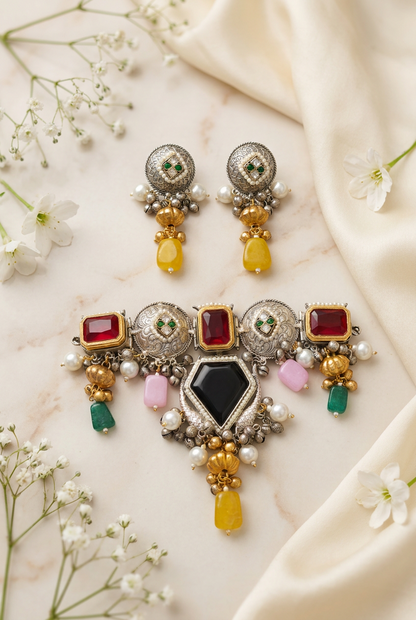 Rajlaxmi Multicolour Fusion Statement Choker Necklace with Pearl Drops