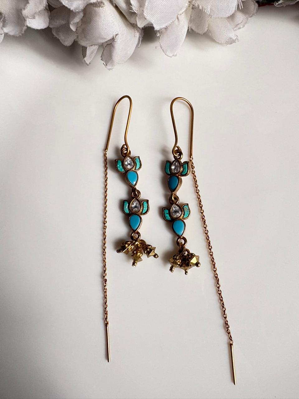 Pushparaga Apala Polish Kundan Sui Dhaga Earrings – Lotus Drop Threader Earrings with Ghungroo for Women