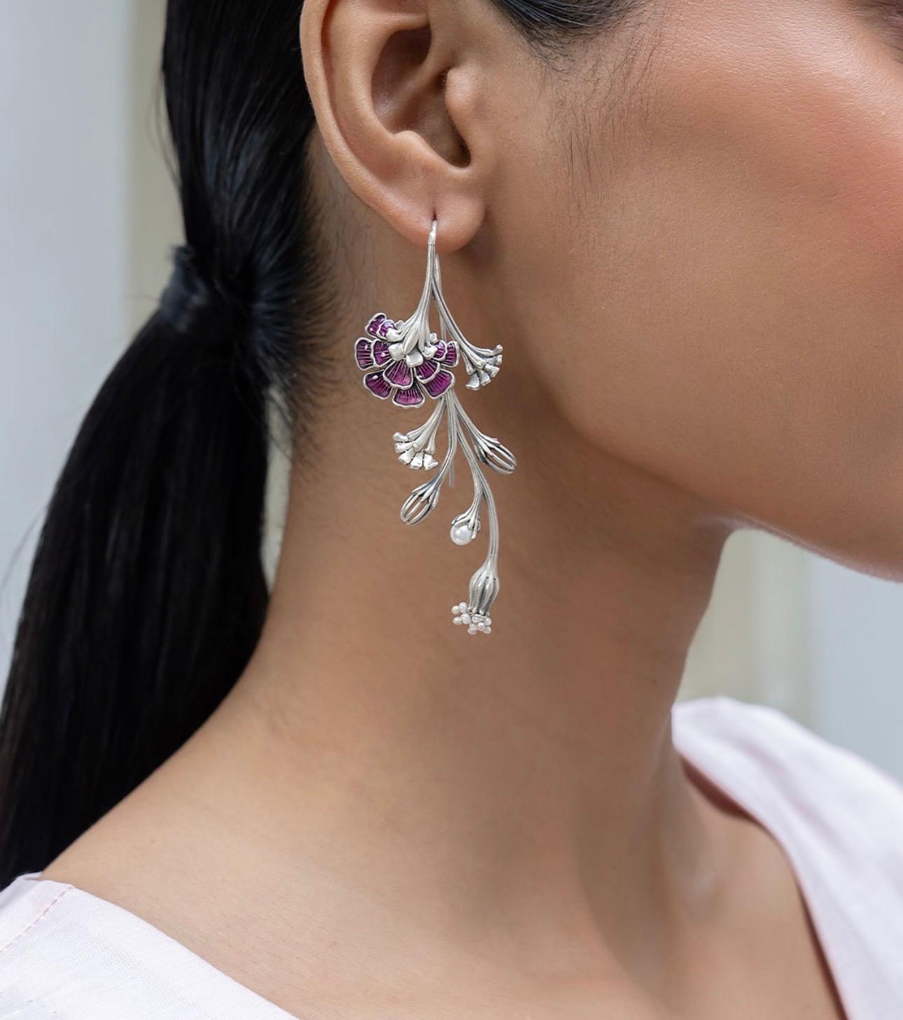 Gulbahaar Premium SLA Fusion Earrings – Floral Long Statement Silver Look Alike Earrings