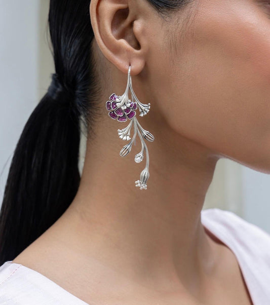 Gulbahaar Premium SLA Fusion Earrings – Floral Long Statement Silver Look Alike Earrings