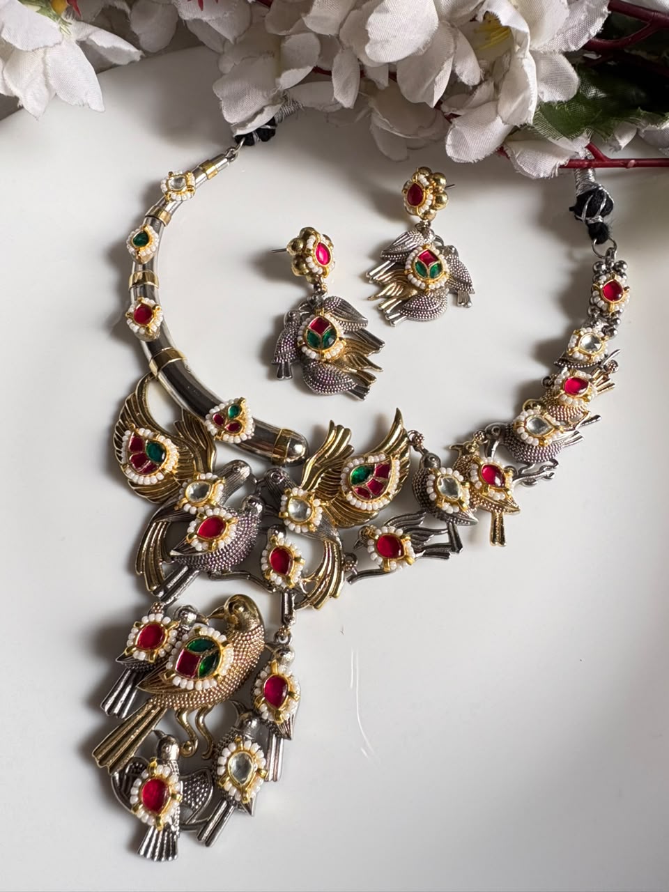 Pakshirang Bird Kundan Fusion SLA Dualtone Hasli Necklace Set with Earrings | Alankrent Luxe
