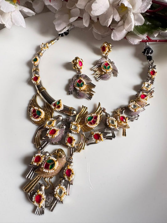 Pakshirang Bird Kundan Fusion SLA Dualtone Hasli Necklace Set with Earrings | Alankrent Luxe