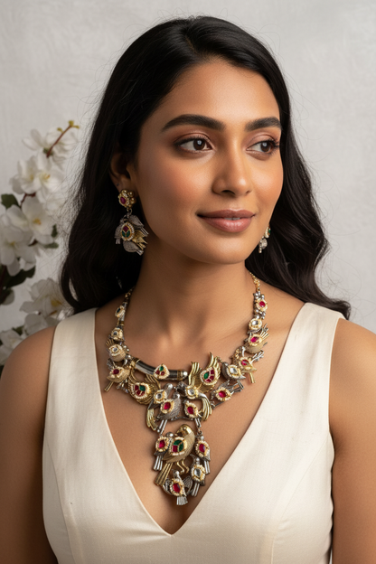 Pakshirang Bird Kundan Fusion SLA Dualtone Hasli Necklace Set with Earrings | Alankrent Luxe
