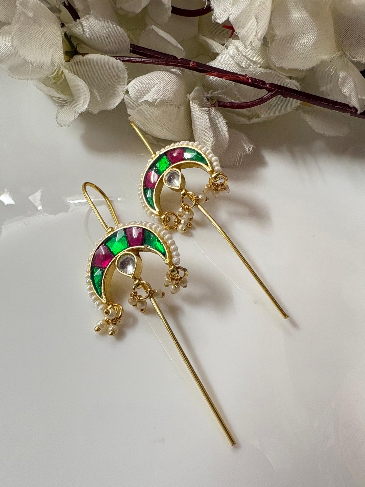Chaandrika SLA Needle Kundan Earrings – Premium Crescent Moon Fusion Pearl Earrings