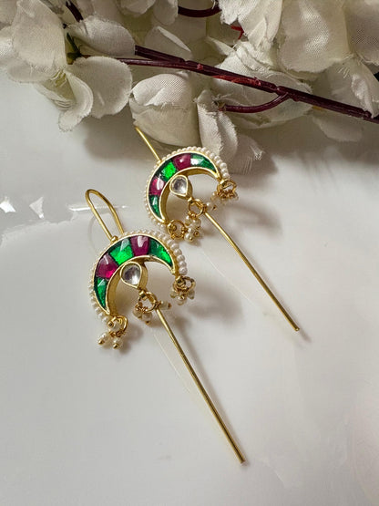 Chaandrika SLA Needle Kundan Earrings – Premium Crescent Moon Fusion Pearl Earrings